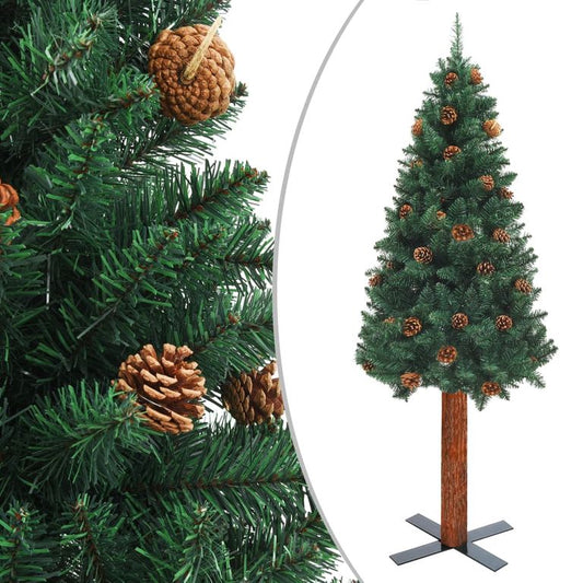 Schlanker Weihnachtsbaum mit Echtholz und Zapfen Grün 180cm PVC 88435