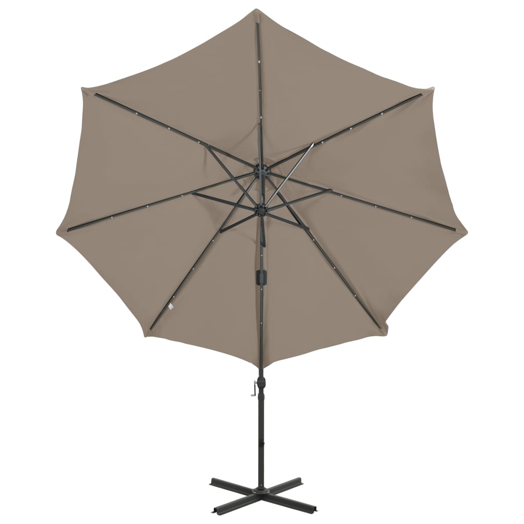 Ampelschirm mit Mast und LED-Leuchten Taupe 300 cm 124246