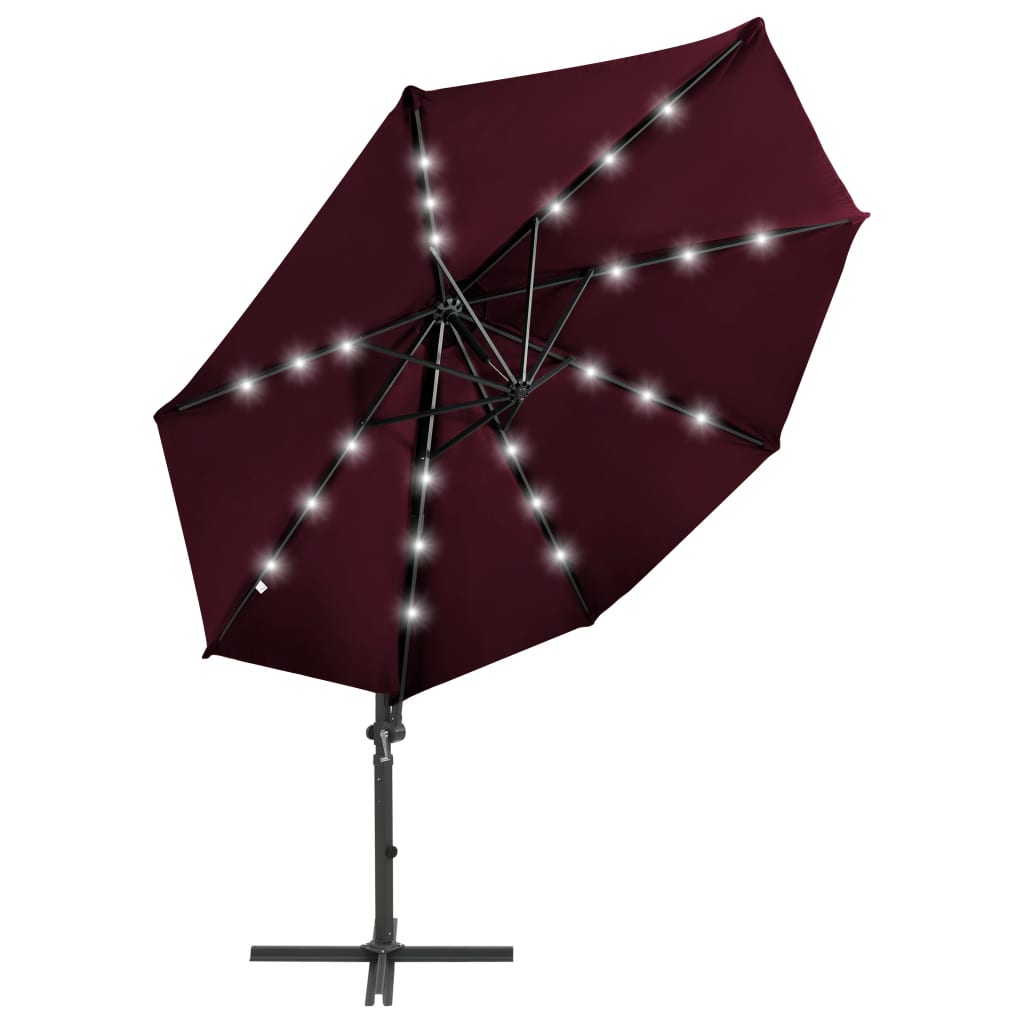 Ampelschirm mit Mast und LED-Leuchten Bordeauxrot 300 cm 122048