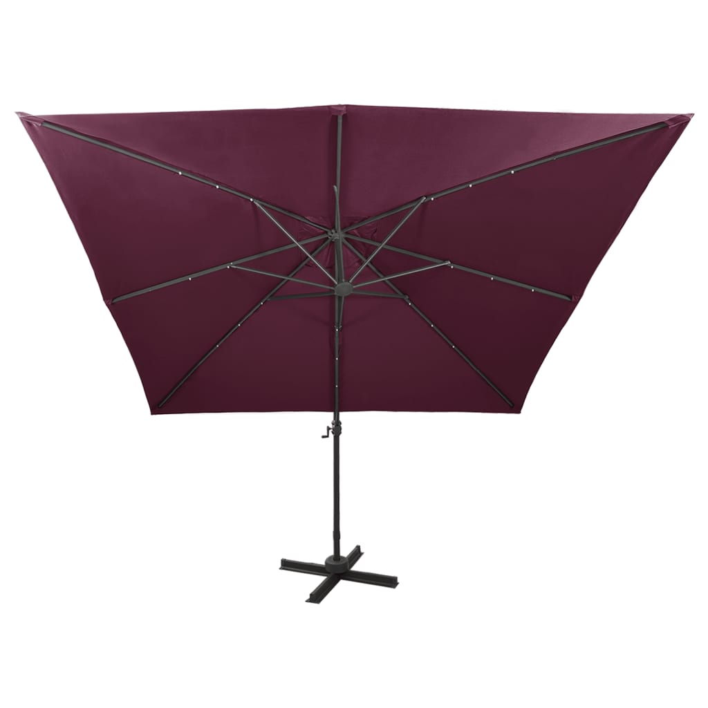 Ampelschirm mit Mast und LED-Leuchten Bordeauxrot 300 cm 124298