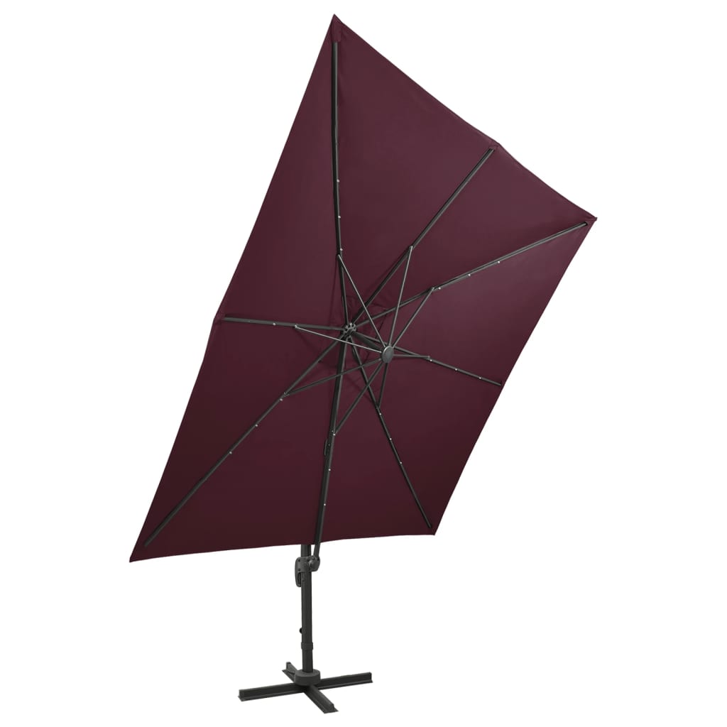 Ampelschirm mit Mast und LED-Leuchten Bordeauxrot 300 cm 124298