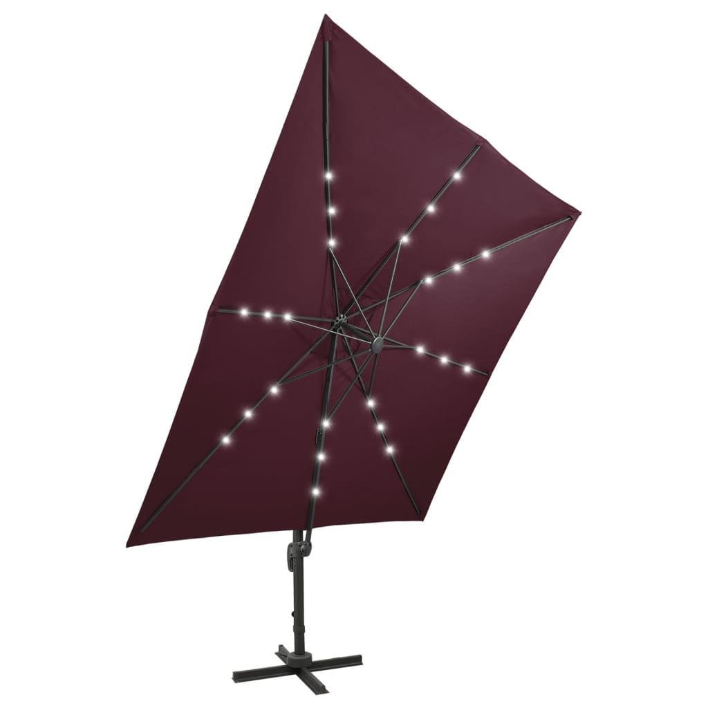 Ampelschirm mit Mast und LED-Leuchten Bordeauxrot 300 cm 124298