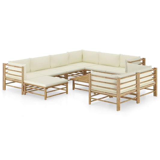 10-tlg. Garten-Lounge-Set mit Cremeweißen Kissen Bambus 120508