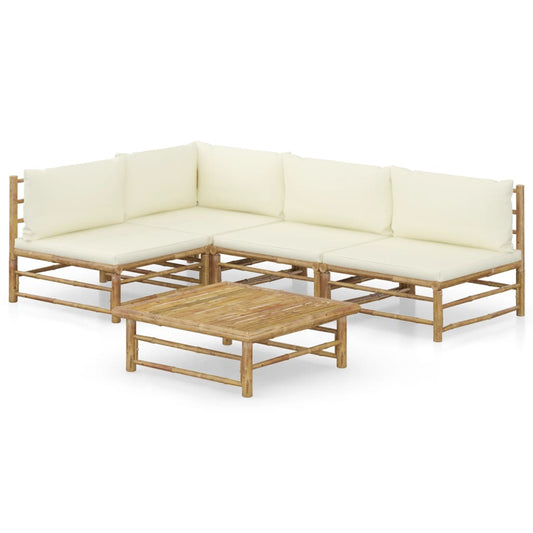 5-tlg. Garten-Lounge-Set mit Cremeweißen Kissen Bambus 114068