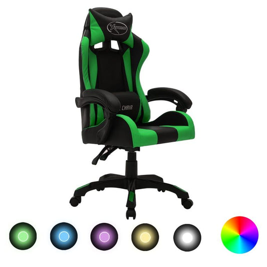 85037 Gaming-Stuhl mit RGB LED-Leuchten Grün und Schwarz Kunstleder