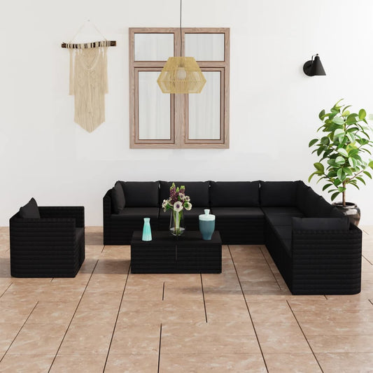 10-tlg. Garten-Lounge-Set mit Kissen Poly Rattan Schwarz 111298