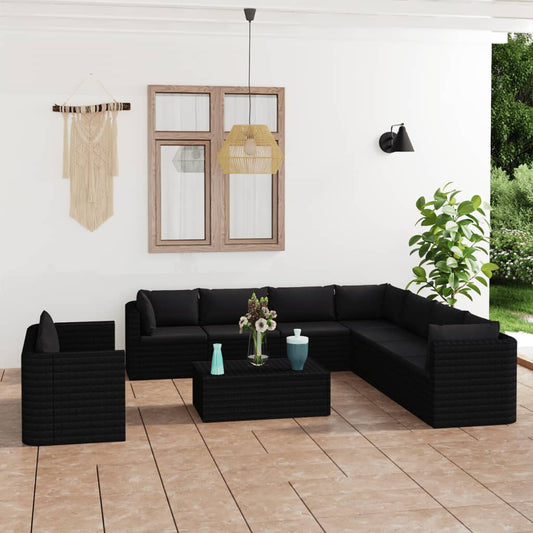 11-tlg. Garten-Lounge-Set mit Kissen Poly Rattan Schwarz 111123