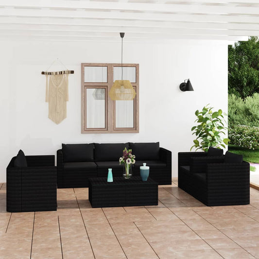 9-tlg. Garten-Lounge-Set mit Kissen Poly Rattan Schwarz 101194