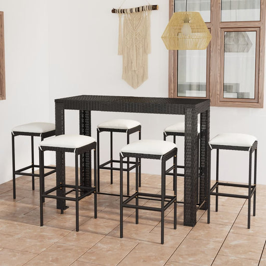 7-tlg. Gartenbar-Set mit Kissen Poly Rattan Schwarz 100460