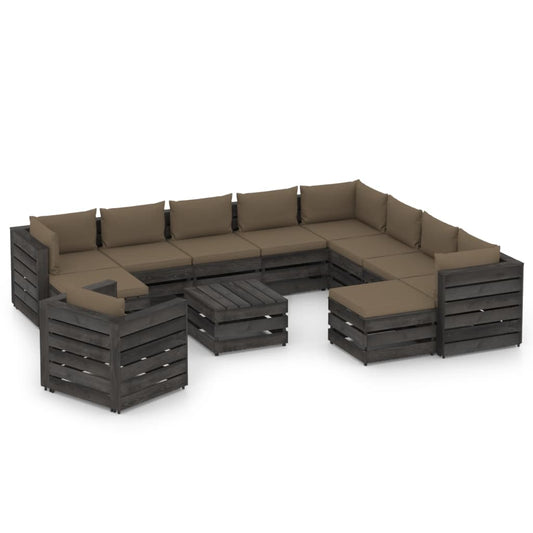 12-tlg. Garten-Lounge-Set mit Kissen Grau Imprägniertes Holz 119042