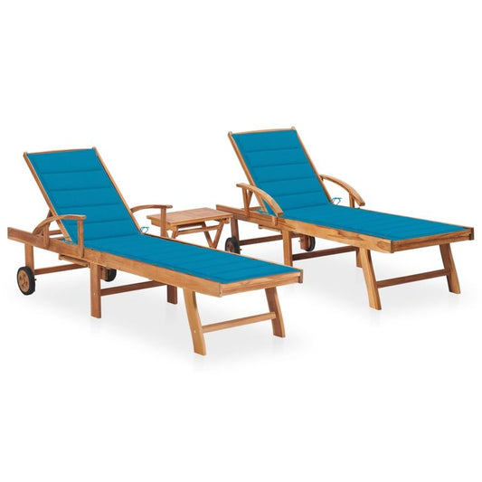 Sonnenliegen 2 Stk. mit Tisch und Auflagen Massivholz Teak 96658