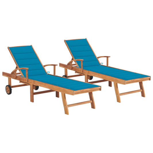 Sonnenliegen 2 Stk. mit Auflagen Blau Massivholz Teak 99712