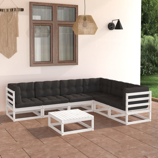 7-tlg. Garten-Lounge-Set mit Kissen Weiß Kiefer Massivholz 109345