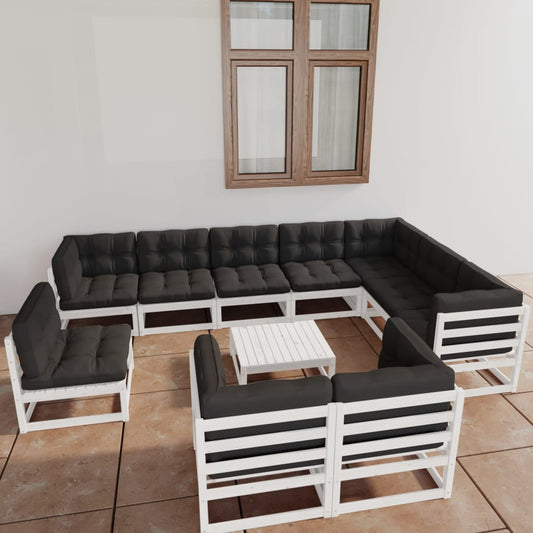 11-tlg. Garten-Lounge-Set mit Kissen Weiß Kiefer Massivholz 109516