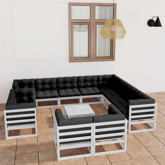 13-tlg. Garten-Lounge-Set mit Kissen Weiß Kiefer Massivholz 109518