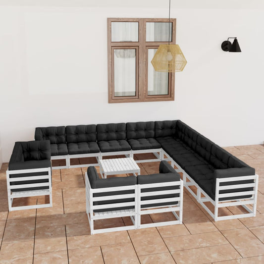 14-tlg. Garten-Lounge-Set mit Kissen Weiß Kiefer Massivholz 105041