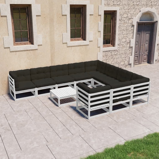 11-tlg. Garten-Lounge-Set mit Kissen Weiß Kiefer Massivholz 120637