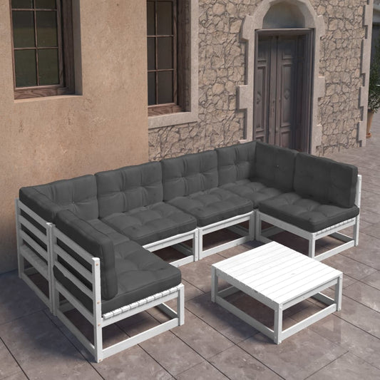 7-tlg. Garten-Lounge-Set mit Kissen Weiß Kiefer Massivholz 109524