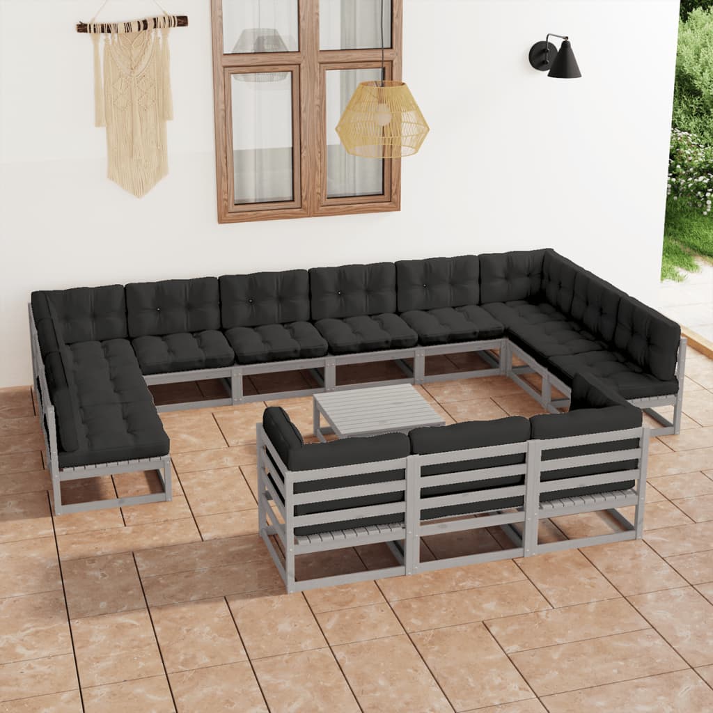 14-tlg. Garten-Lounge-Set mit Kissen Grau Kiefer Massivholz 115337