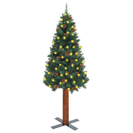 Weihnachtsbaum Schmal mit LEDs & Echtholz & Zapfen Grün 150 cm 88762