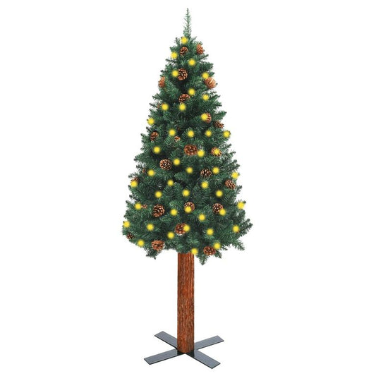 Weihnachtsbaum Schmal mit LEDs & Echtholz & Zapfen Grün 180 cm 88763