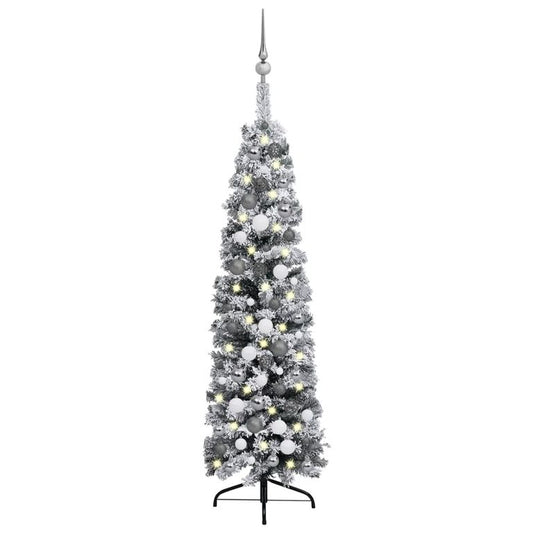 Weihnachtsbaum Schlank Beschneit mit LEDs & Kugeln Grün 120 cm 88669