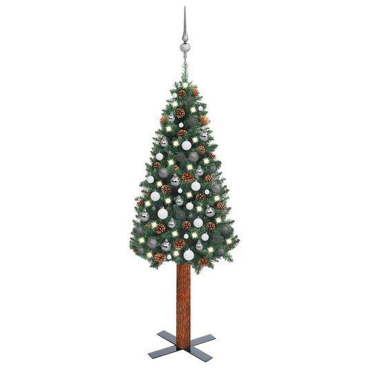 Weihnachtsbaum Schlank mit LEDs & Kugeln Grün 150 cm PVC 128445