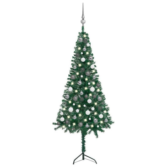 Künstlicher Eck-Weihnachtsbaum LEDs & Kugeln Grün 150 cm PVC 87159