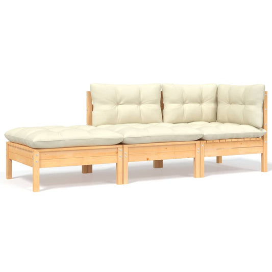 3-tlg. Garten-Lounge-Set mit Kissen Creme Massivholz Kiefer 120933