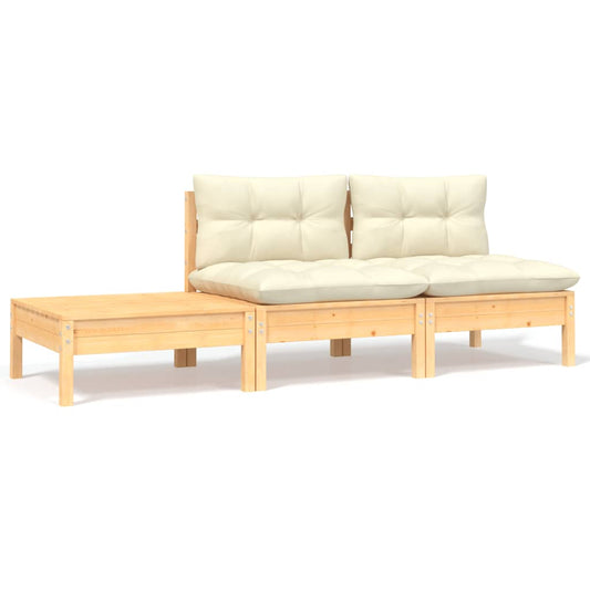 3-tlg. Garten-Lounge-Set mit Creme Kissen Massivholz Kiefer 120722