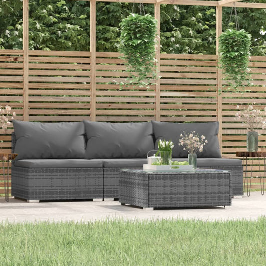 4-tlg. Garten-Lounge-Set mit Kissen Grau Poly Rattan 107594