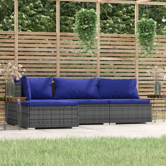 4-tlg. Garten-Lounge-Set mit Kissen Grau Poly Rattan 97973