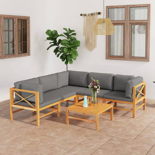 6-tlg. Garten-Lounge-Set mit Grauen Kissen Massivholz Teak 112484