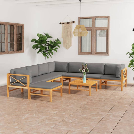 9-tlg. Garten-Lounge-Set mit Grauen Kissen Massivholz Teak 112498