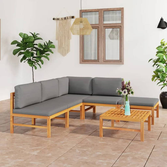 6-tlg. Garten-Lounge-Set mit Grauen Kissen Massivholz Teak 112522