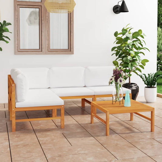 5-tlg. Garten-Lounge-Set mit Creme Kissen Massivholz Teak 120916