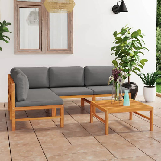 5-tlg. Garten-Lounge-Set mit Grauen Kissen Massivholz Teak 110782