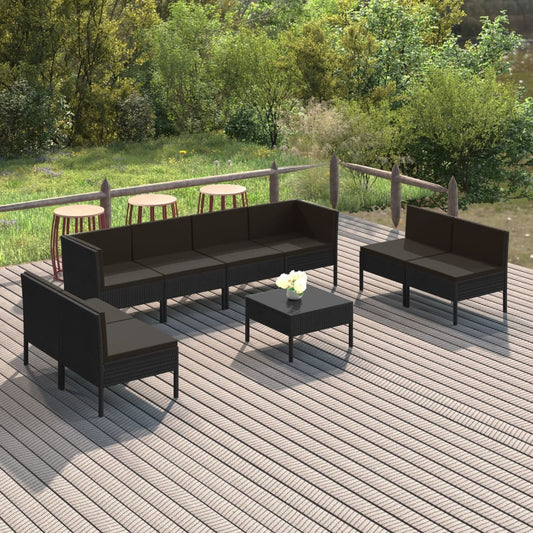 9-tlg. Garten-Lounge-Set mit Auflagen Poly Rattan Schwarz 114842