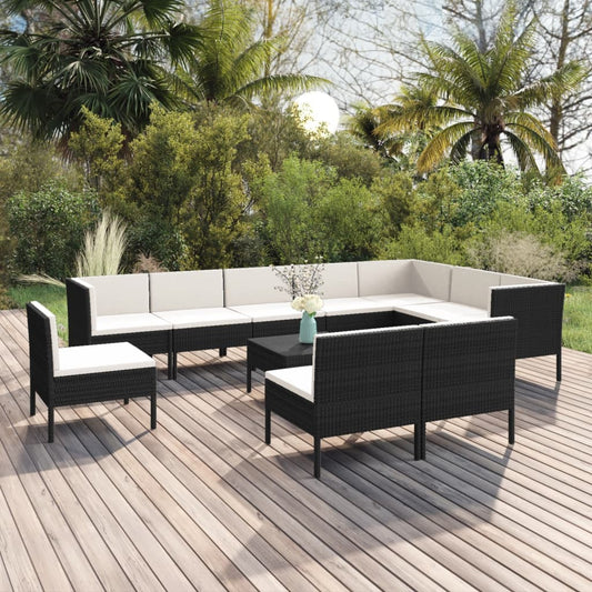 11-tlg. Garten-Lounge-Set mit Auflagen Poly Rattan Schwarz  112584