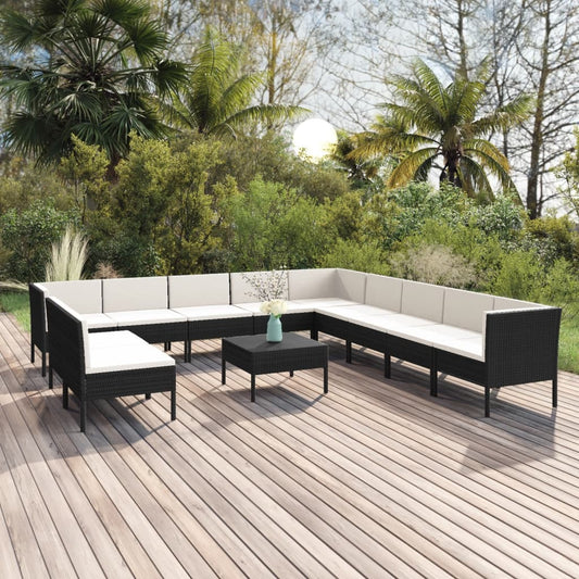 12-tlg. Garten-Lounge-Set mit Auflagen Poly Rattan Schwarz 105557