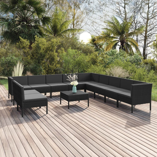 12-tlg. Garten-Lounge-Set mit Auflagen Poly Rattan Schwarz 110187