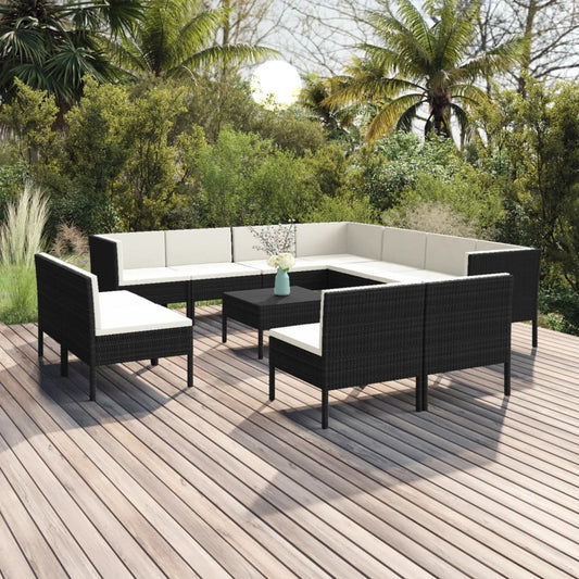 12-tlg. Garten-Lounge-Set mit Auflagen Poly Rattan Schwarz 105595