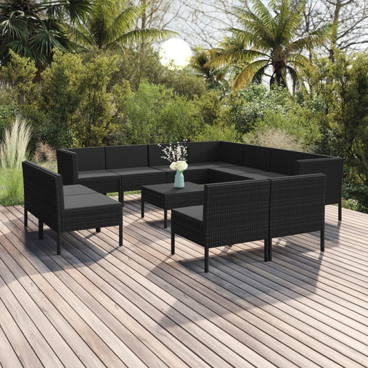 12-tlg. Garten-Lounge-Set mit Auflagen Poly Rattan Schwarz 108104