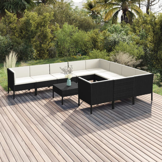 11-tlg. Garten-Lounge-Set mit Auflagen Poly Rattan Schwarz 112596