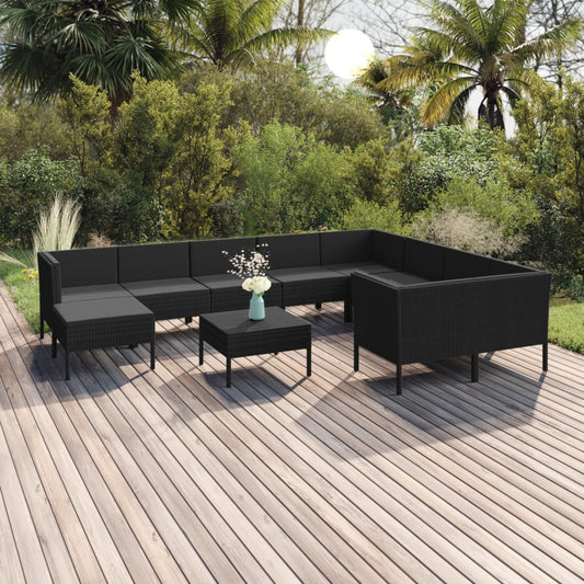 11-tlg. Garten-Lounge-Set mit Auflagen Poly Rattan Schwarz 105580