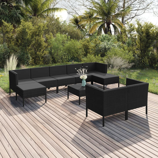 10-tlg. Garten-Lounge-Set mit Auflagen Poly Rattan Schwarz 112780