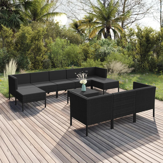 11-tlg. Garten-Lounge-Set mit Auflagen Poly Rattan Schwarz 112784