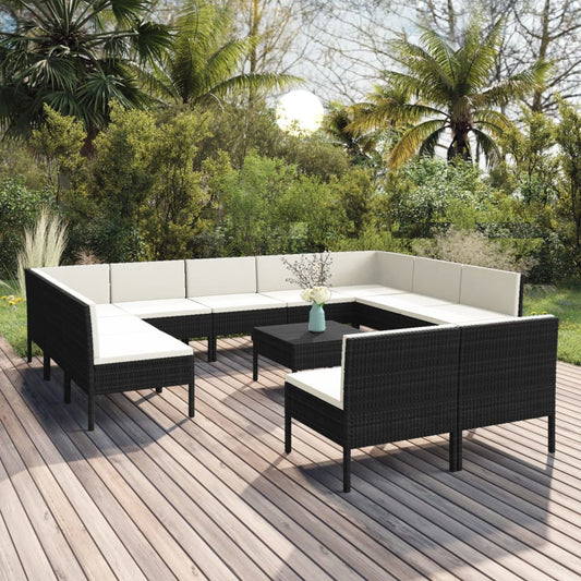 12-tlg. Garten-Lounge-Set mit Auflagen Poly Rattan Schwarz 110525