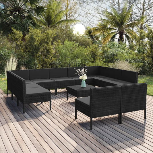 12-tlg. Garten-Lounge-Set mit Auflagen Poly Rattan Schwarz 108216