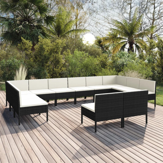 12-tlg. Garten-Lounge-Set mit Auflagen Poly Rattan Schwarz 105604